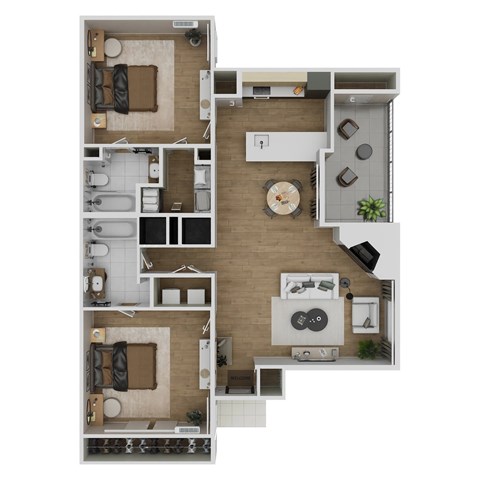 Floor plan for 2 beds, 2 baths, 961 sqft